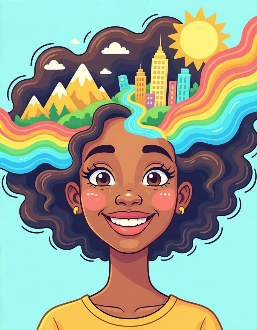 Whimsical Cartoon Portrait of a Smiling Woman