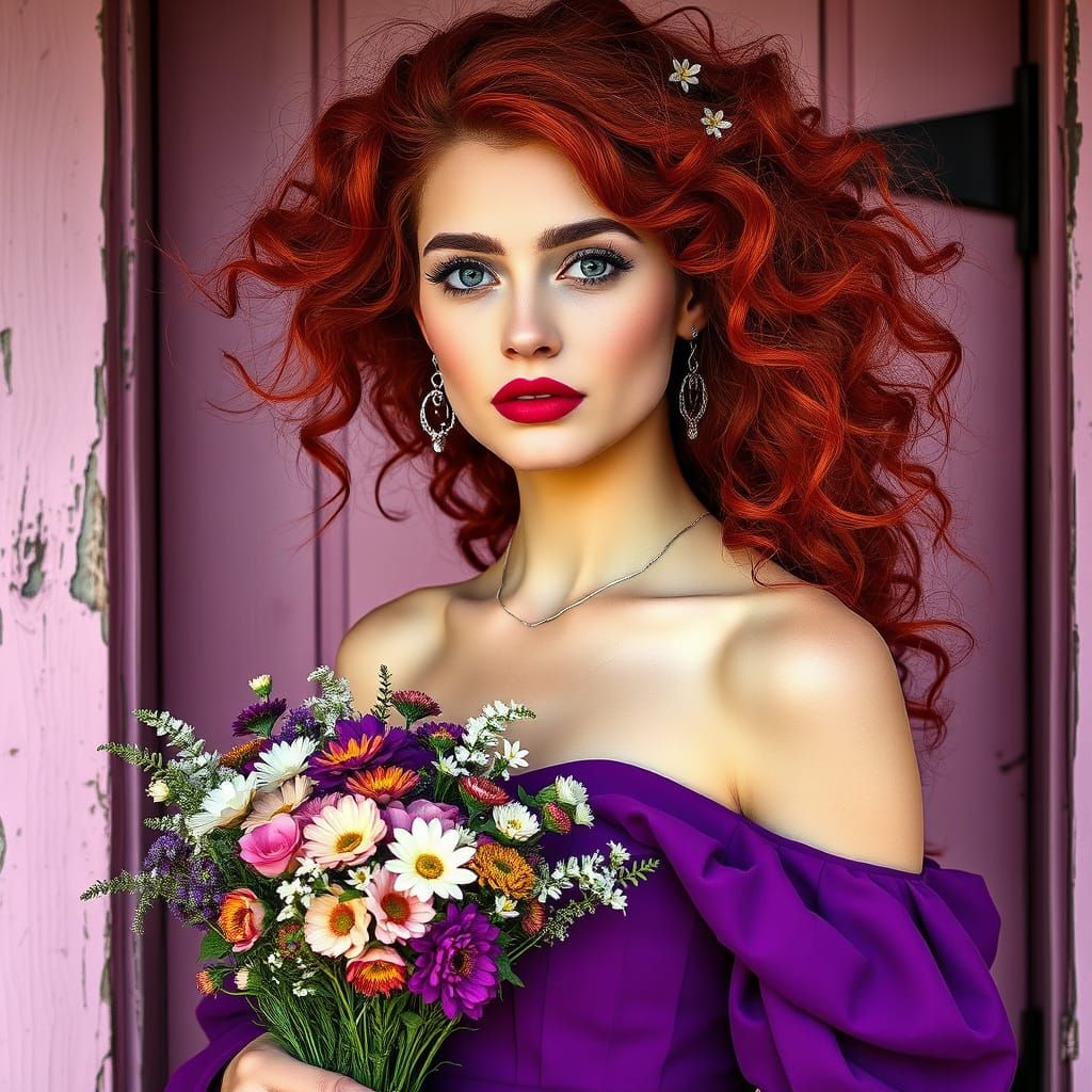 A portrait of a beautiful woman, fuchsia lips, long, volumin...