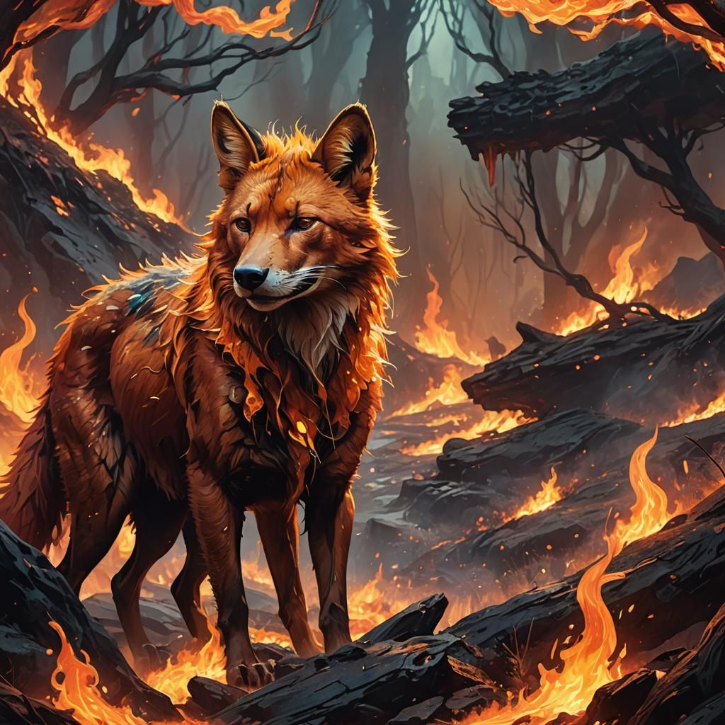 Fiery Dhole Engulfs Prey in Hellish Landscape