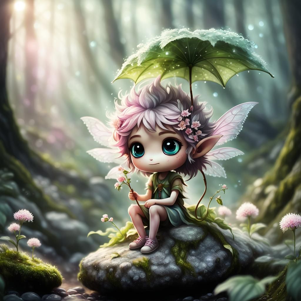 Beautiful Sprite with Flowering Umbrella in Misty Forest