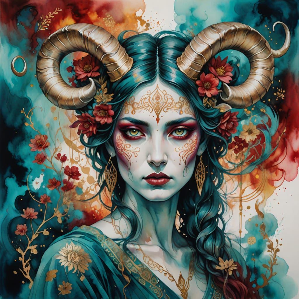 Surreal Portrait of a Horned Woman in Dreamlike Watercolor