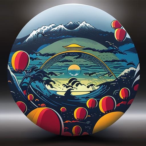 UFOs Ride Hokusai Wave at Sunset