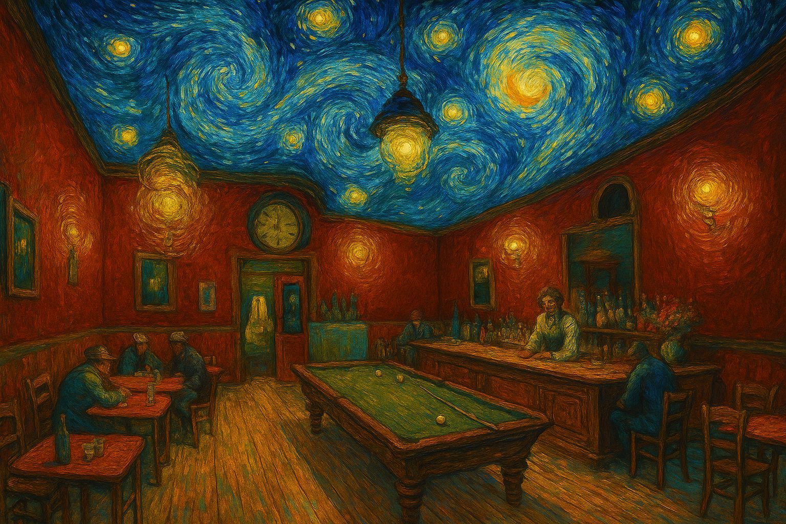 Van Gogh Inspired Cafe Scene with Starry Night Ceiling