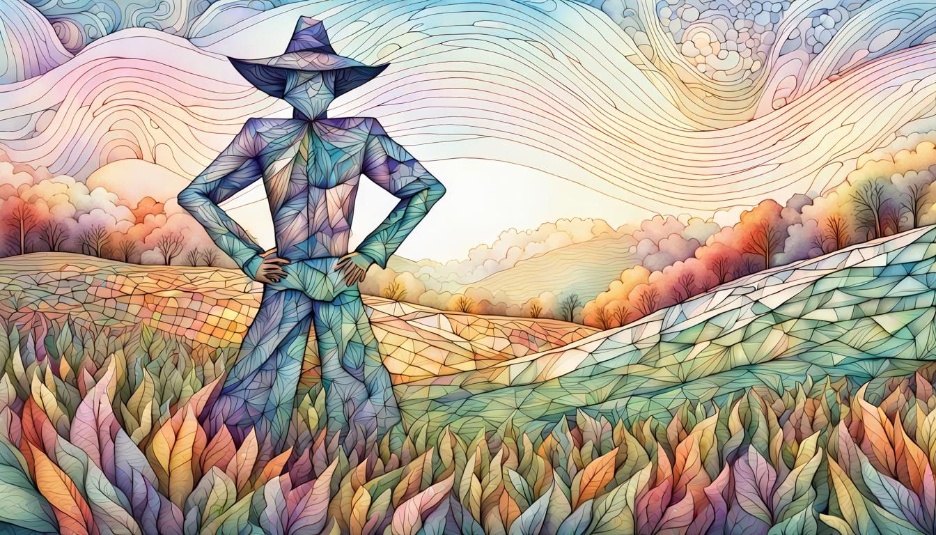 Geometric Scarecrow in Watercolour Field, Zentangle Art