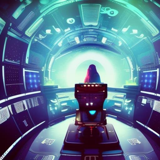 Cyberpunk Cockpit View of Woman Flying Spaceship