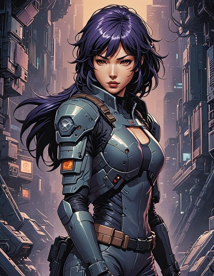 Motoko Kusanagi Illustration in Graphic Novel Style
