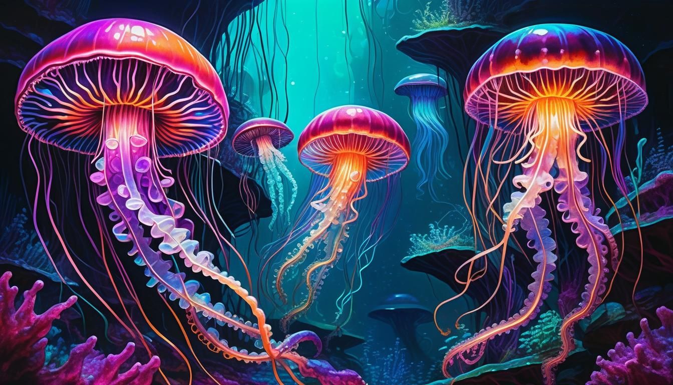 A mesmerizing synthwave fungi jellyfish emerges from the dep...