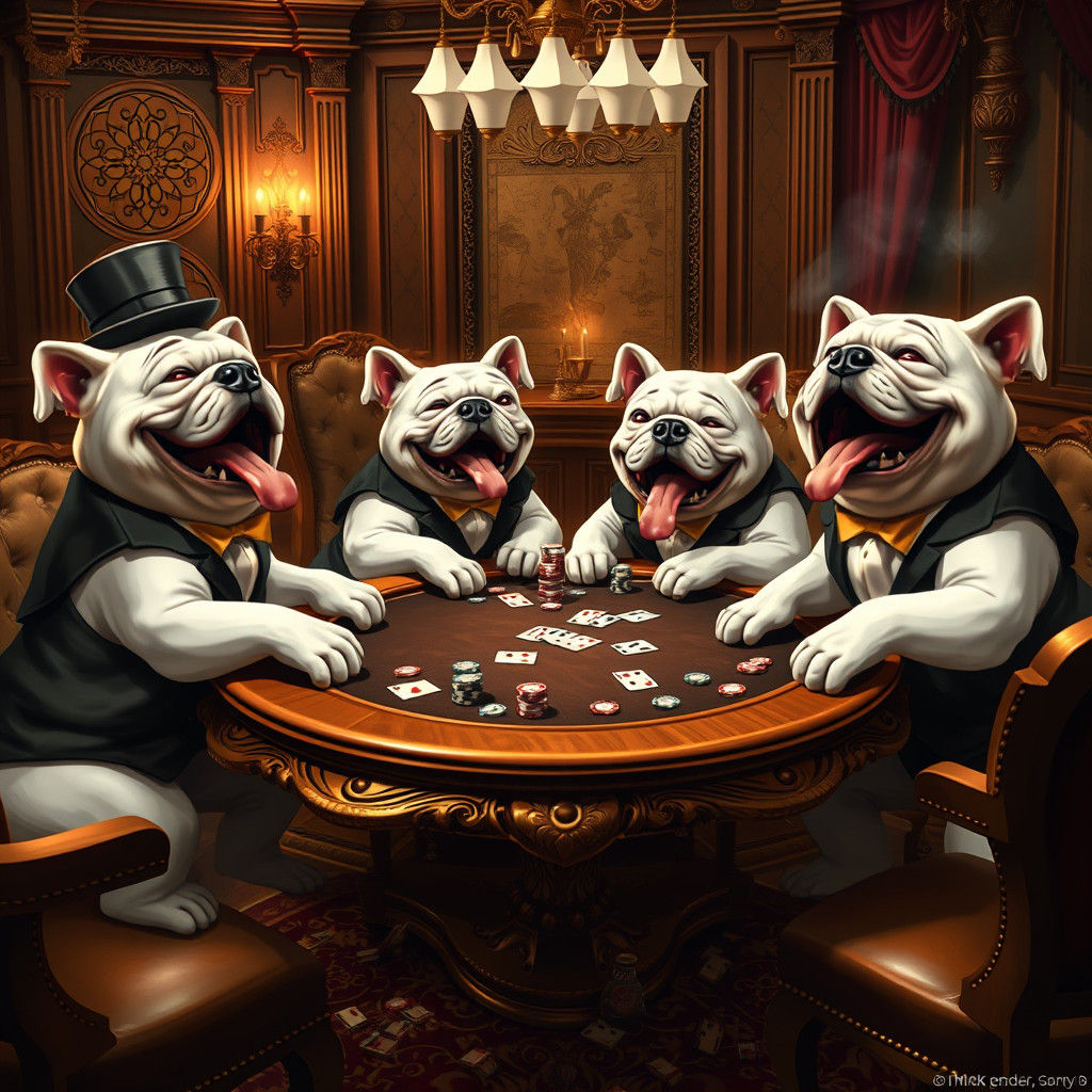 Bulldogs Playing Poker in Opulent Parlor