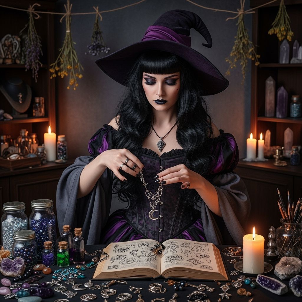 Witch Crafts Jewelry in Dimly Lit Occult Room