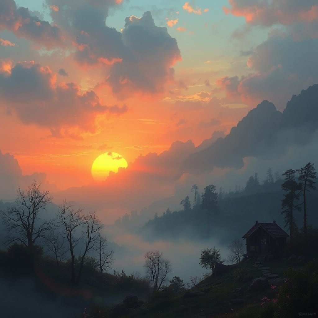 Ethereal Fantasy Sunset in Misty Valley