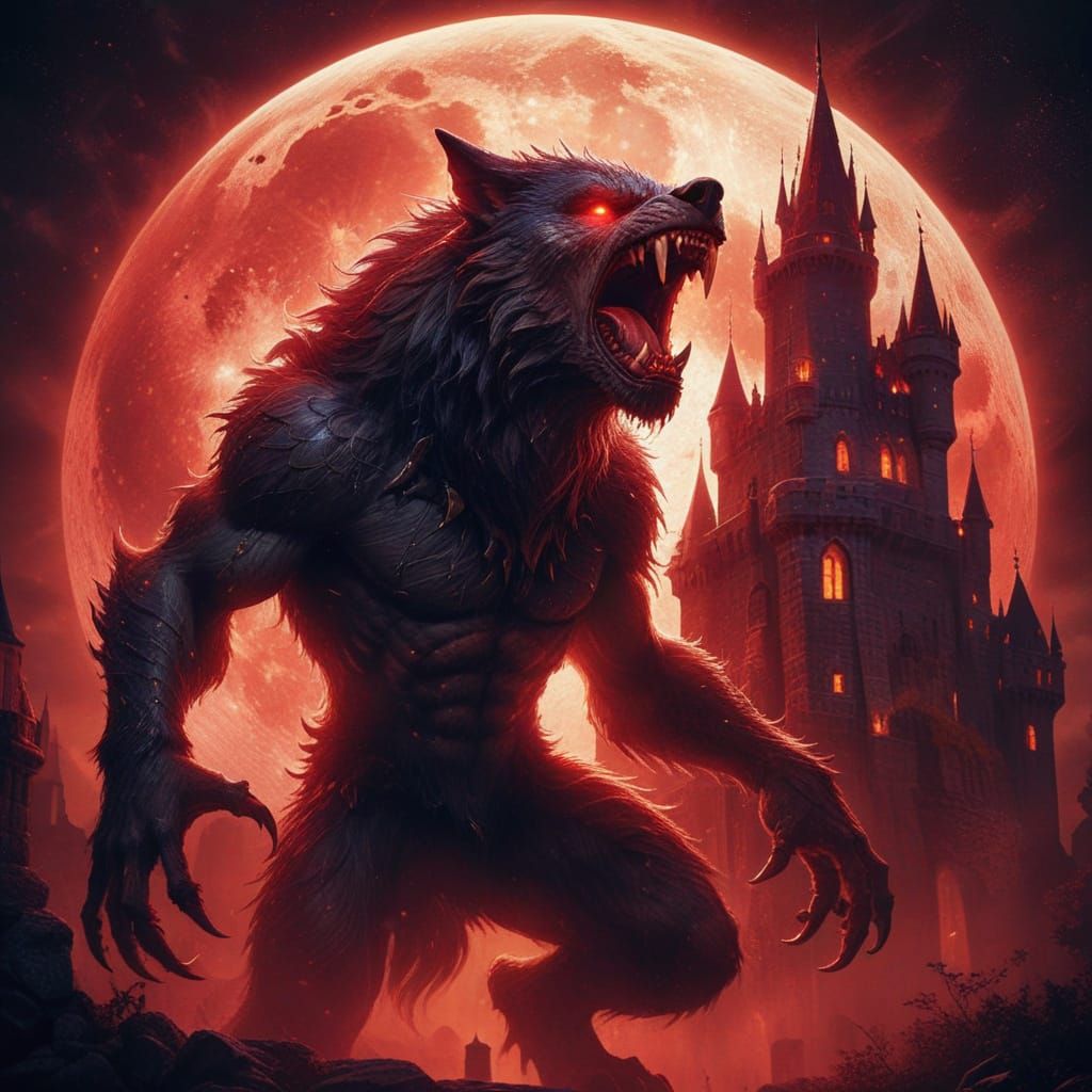Werewolf Before Castle Under Red Moon: Fantasy Art