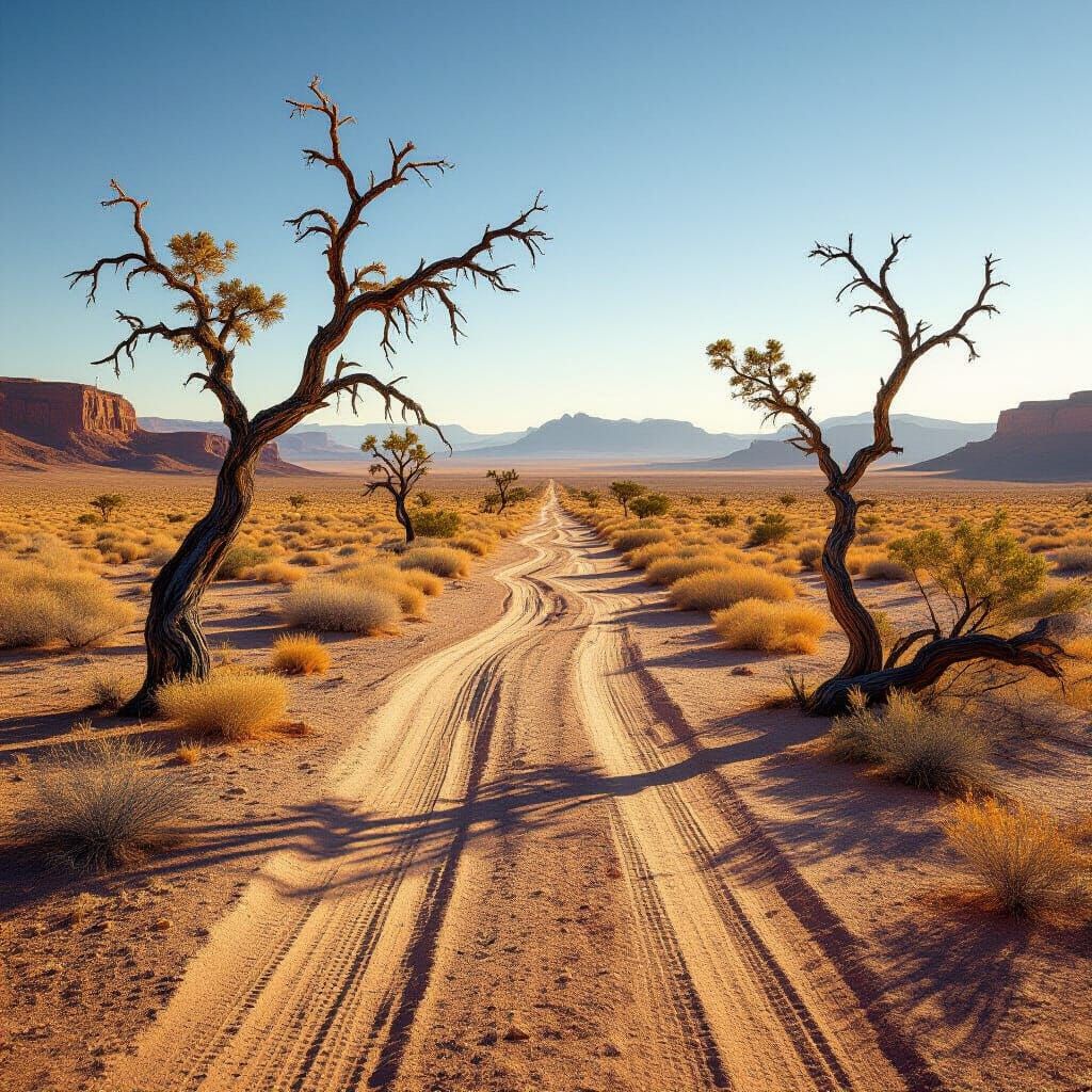 Hyperrealistic Desert Landscape with Dusty Path at Golden Ho...