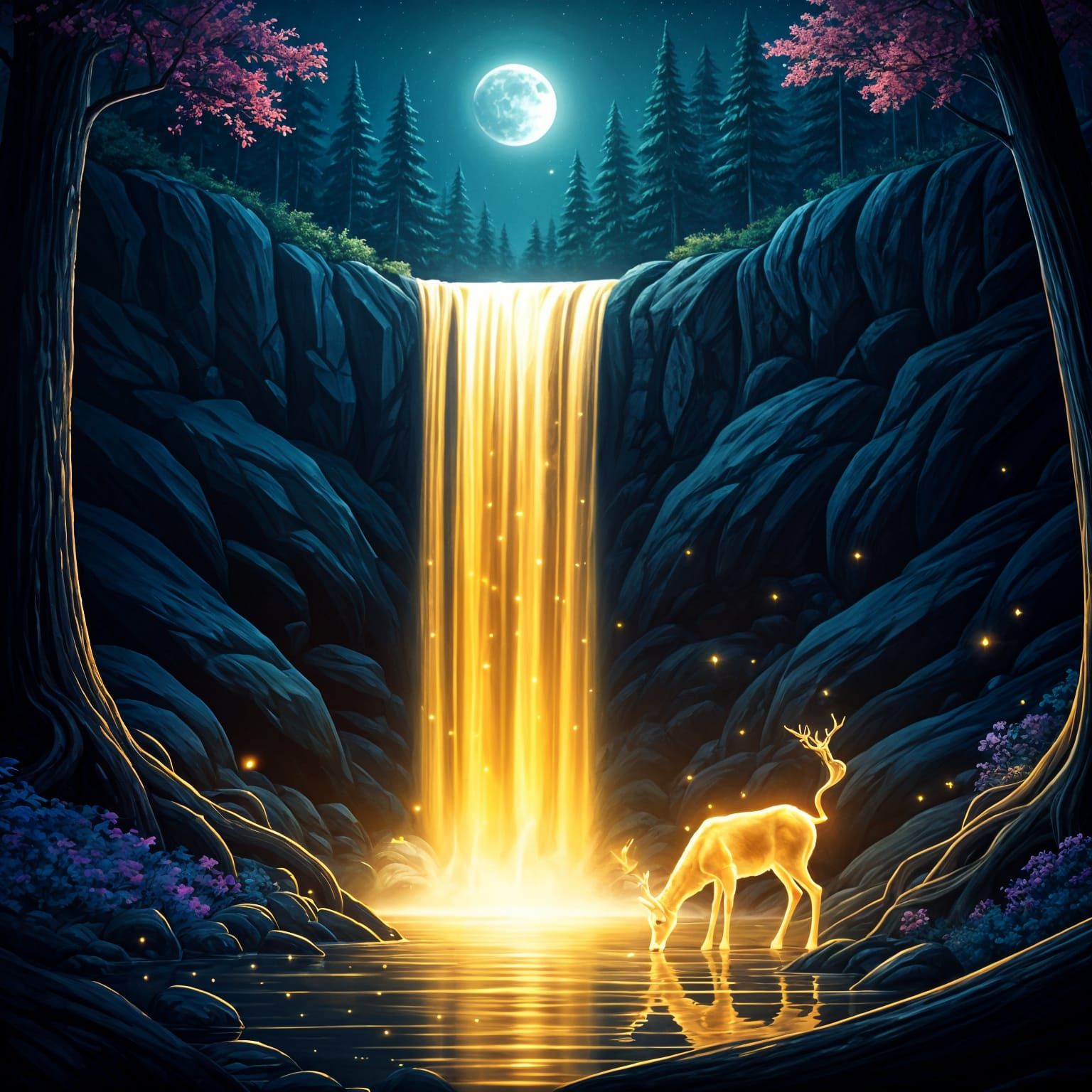 Ethereal Golden Falls under a Starry Night