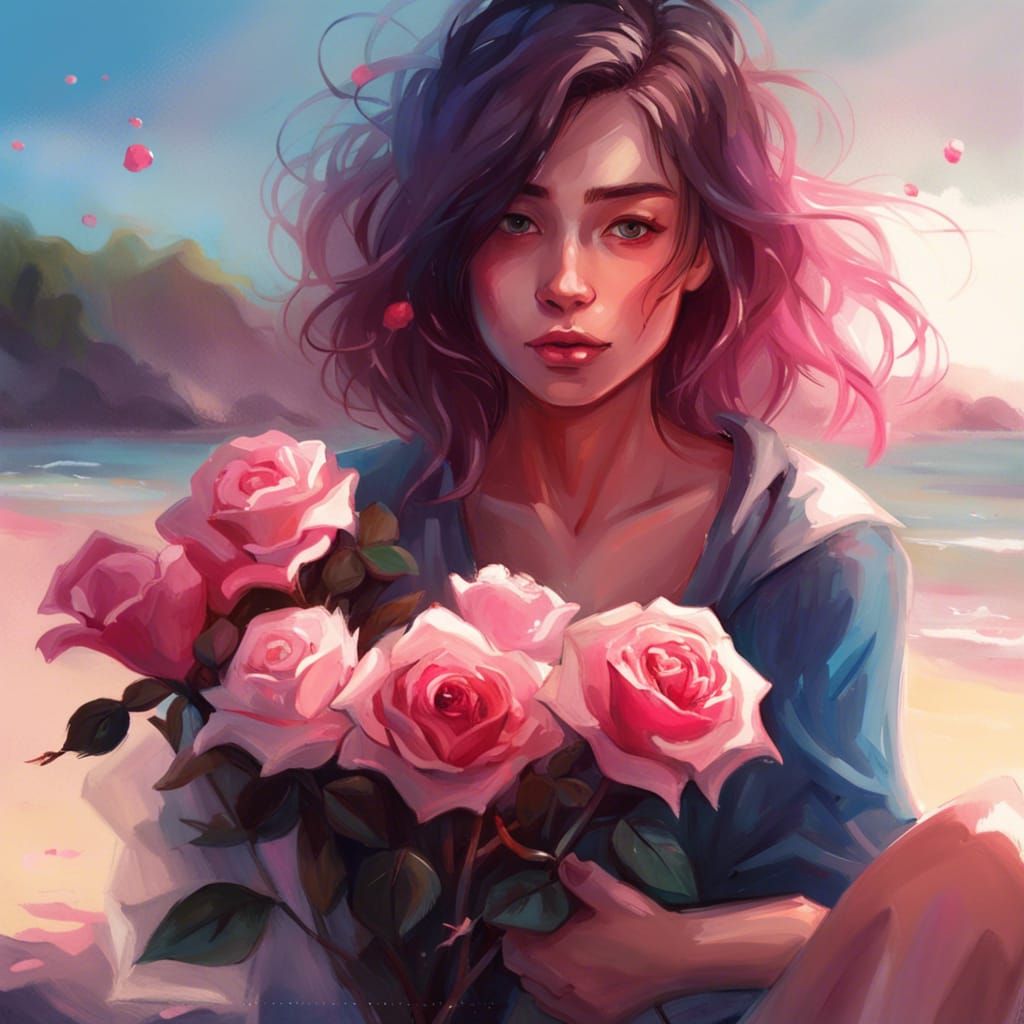 Anime Woman with Roses on Beach