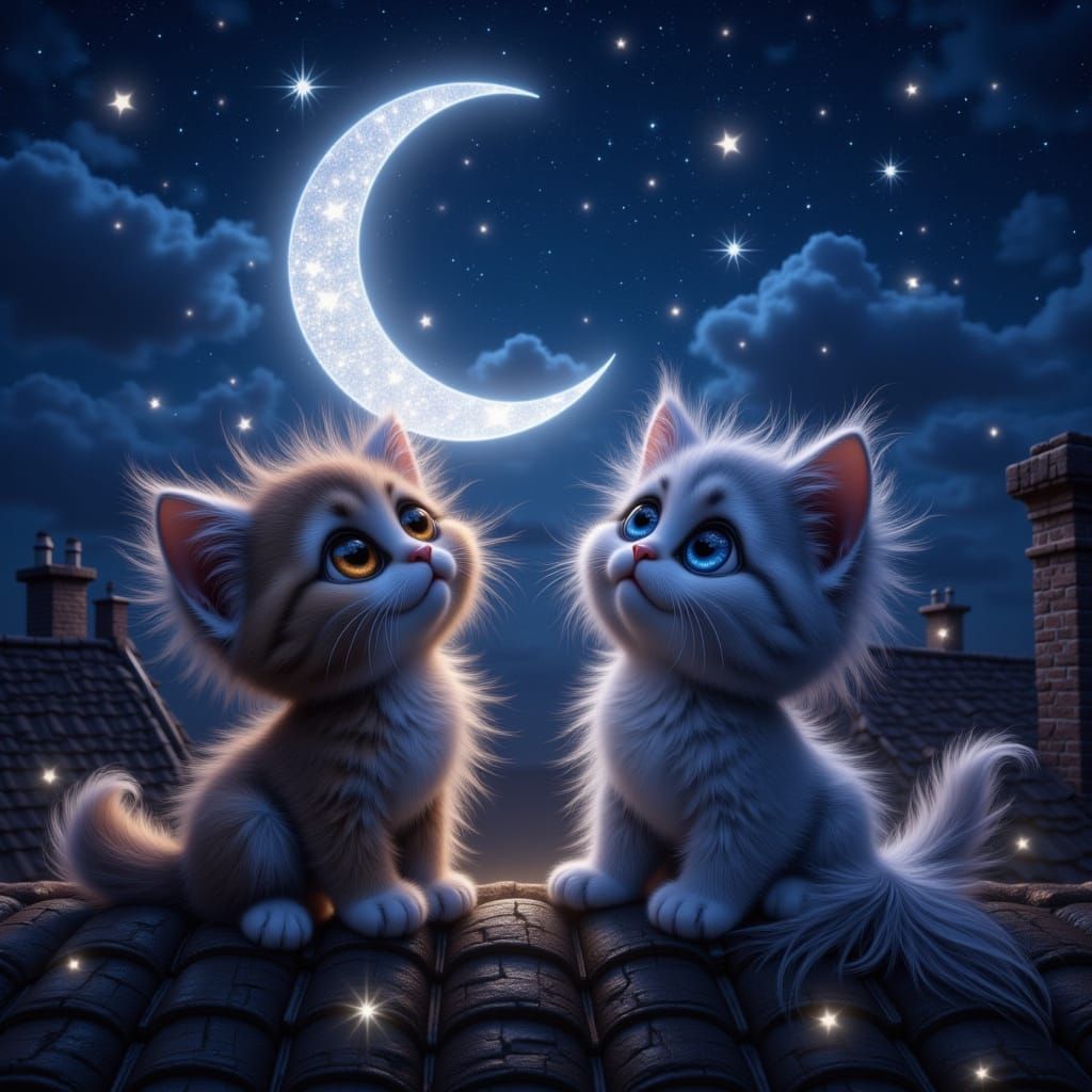 Kittens Watch Moon-Fish in Enchanting Night Sky