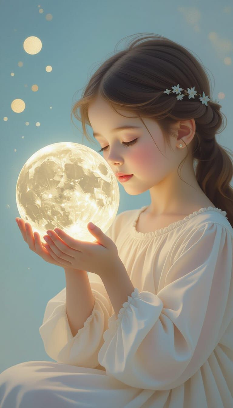 Girl Gently Holds Glowing Moon, Eyes Closed in Magical Reali...