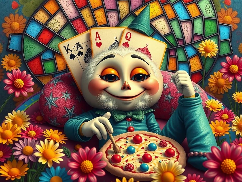 Whimsical Poker Face Lounging with Dandelion Pizza