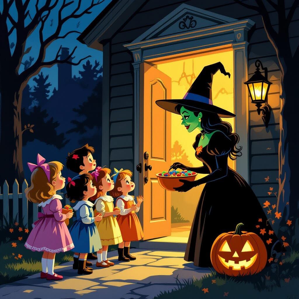 Halloween Trick-or-Treaters Meet the Wicked Witch