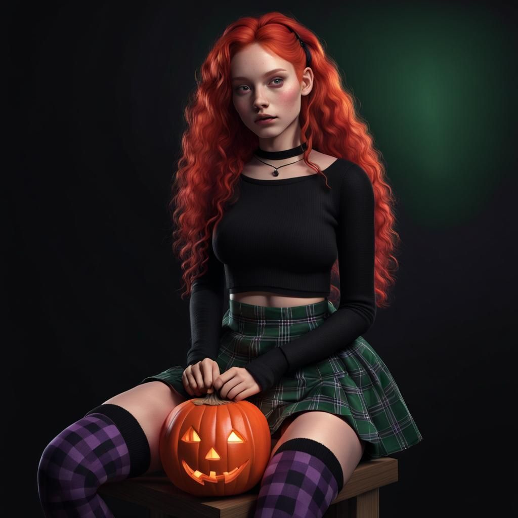 Petite Woman with Jack-o'-Lantern in 3D Render