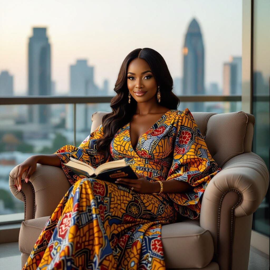 Elegant Nigerian Woman Reading on Lagos Balcony at Golden Ho...