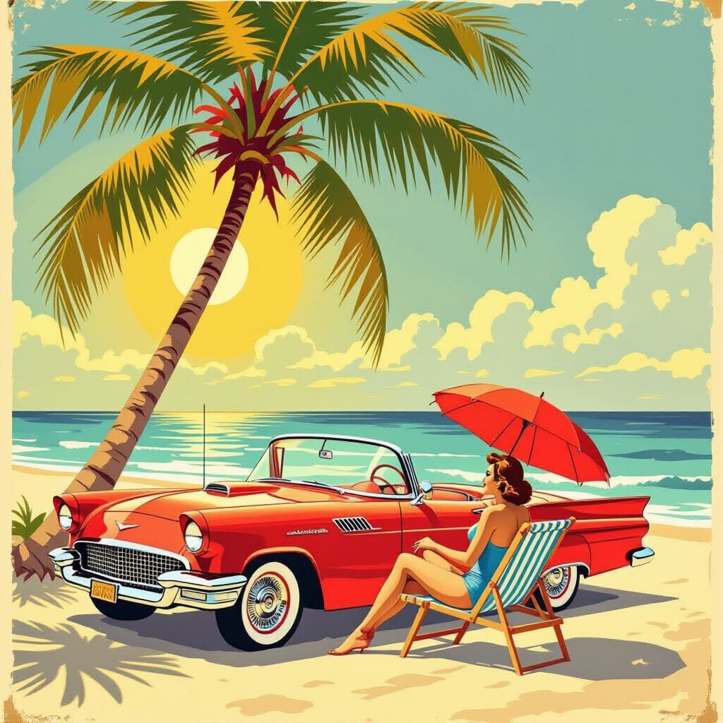 Vintage Beach Resort Poster with Retro Convertible and Woman