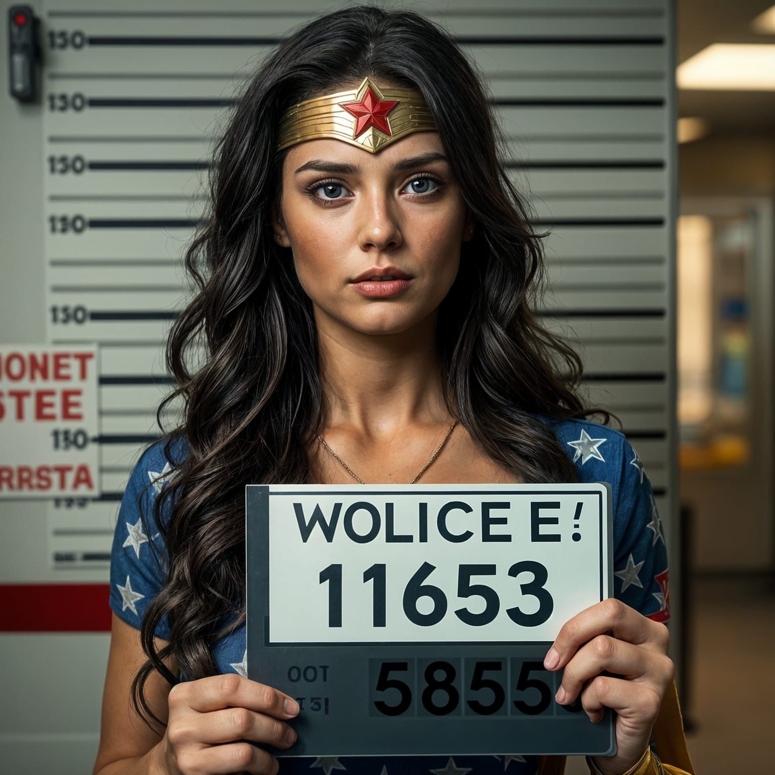 Hyperrealistic Wonder Woman Mugshot in Police Custody