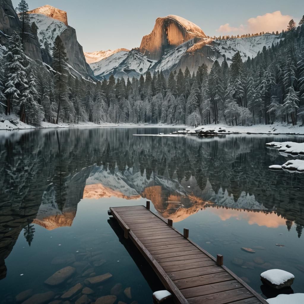 Cinematic Winter Lake Landscape with Half Dome