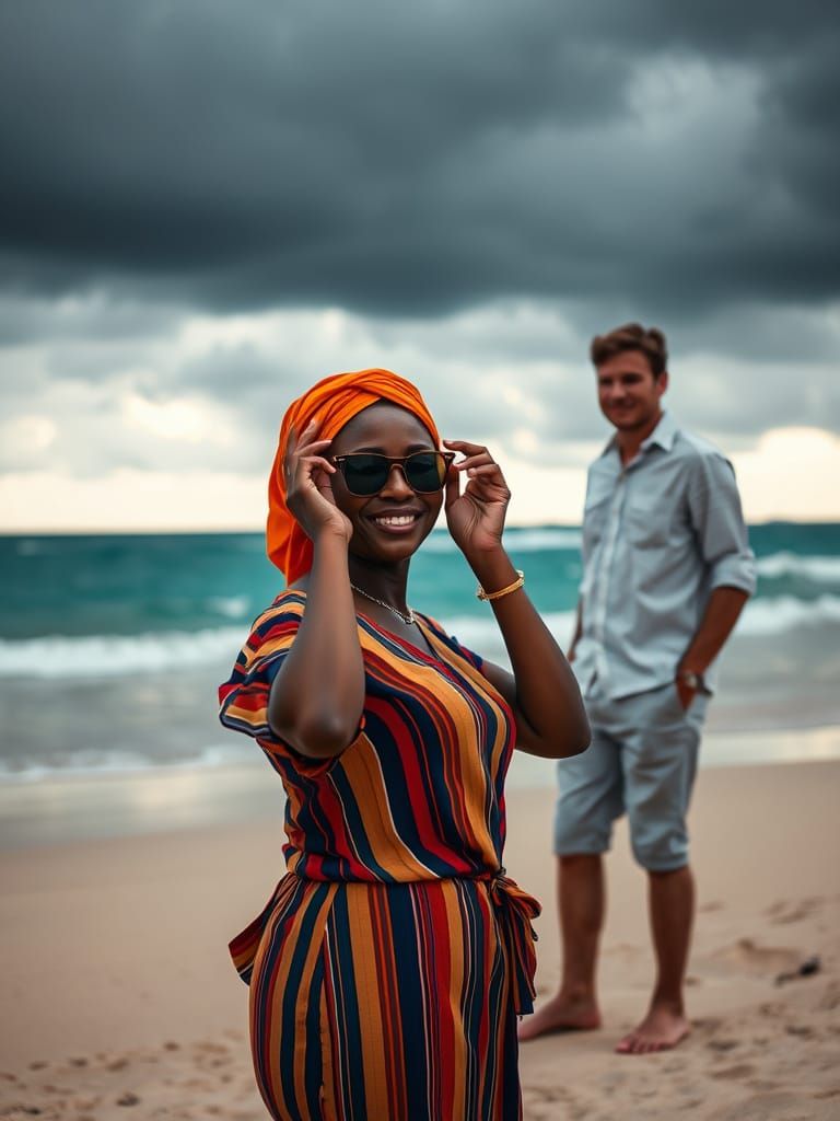 Couple on Beach with Overcast Skies in Cinematic Style