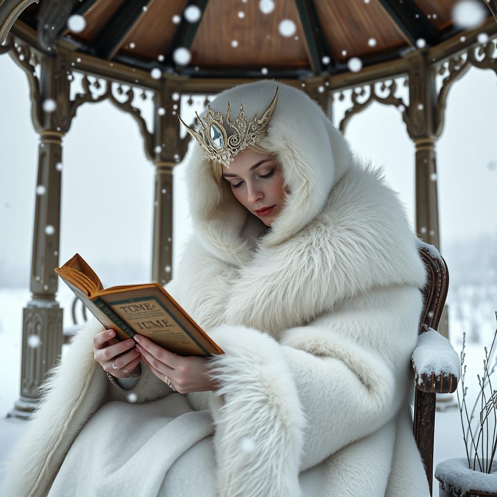 Regina delle Nevi Reads Under a Gazebo in a Snowy Wonderland