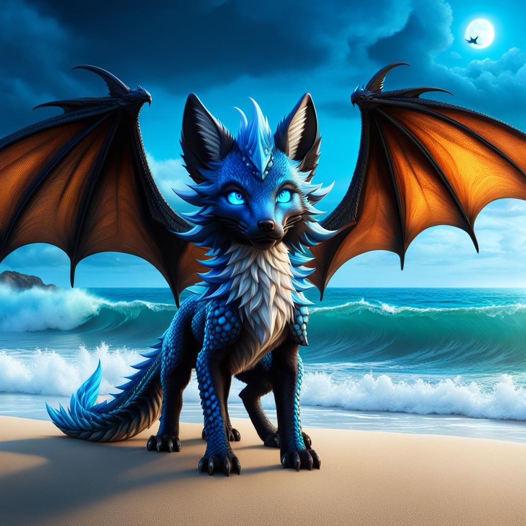 Stunning Fox-Dragon Hybrid with Blue Wings, Digital Painting