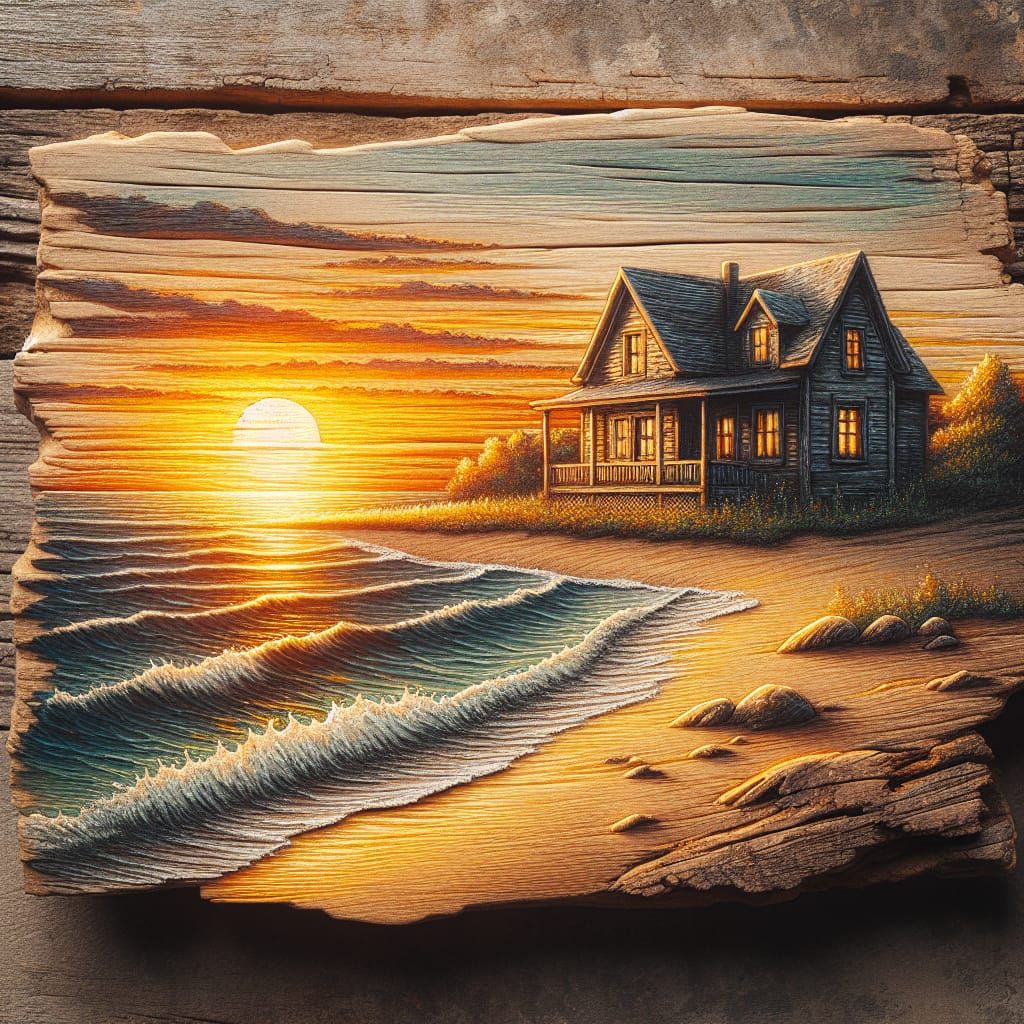 Beach House Sunset: Rustic Painting on Wood