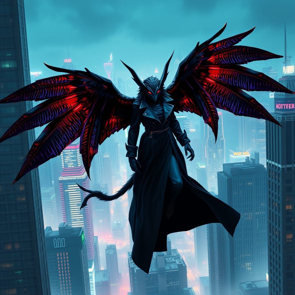 Cyberpunk Gargoyle Takes Flight Amidst Dystopian Skyscrapers