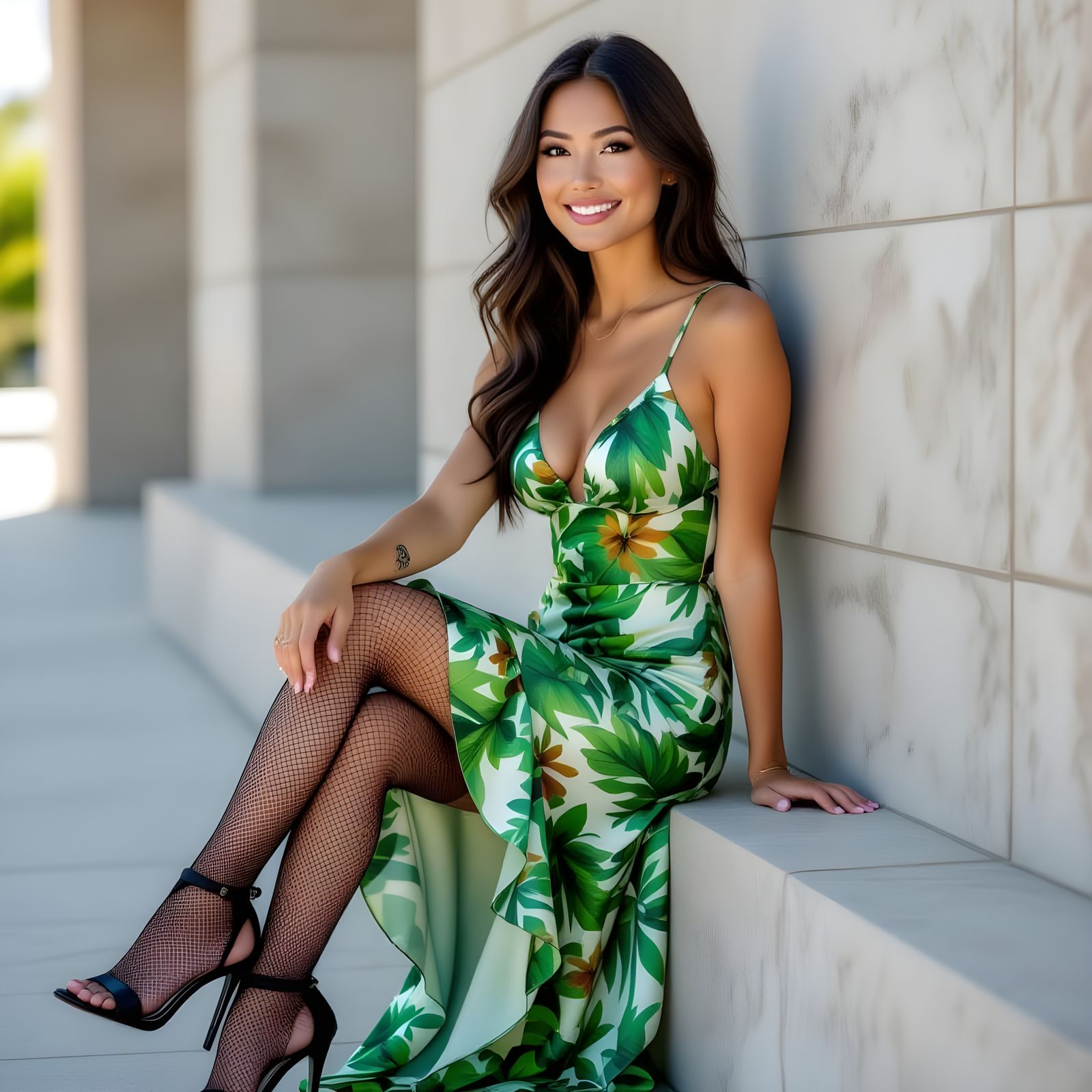 Young Woman in Tropical Print Dress Leans Against Modern Gra...
