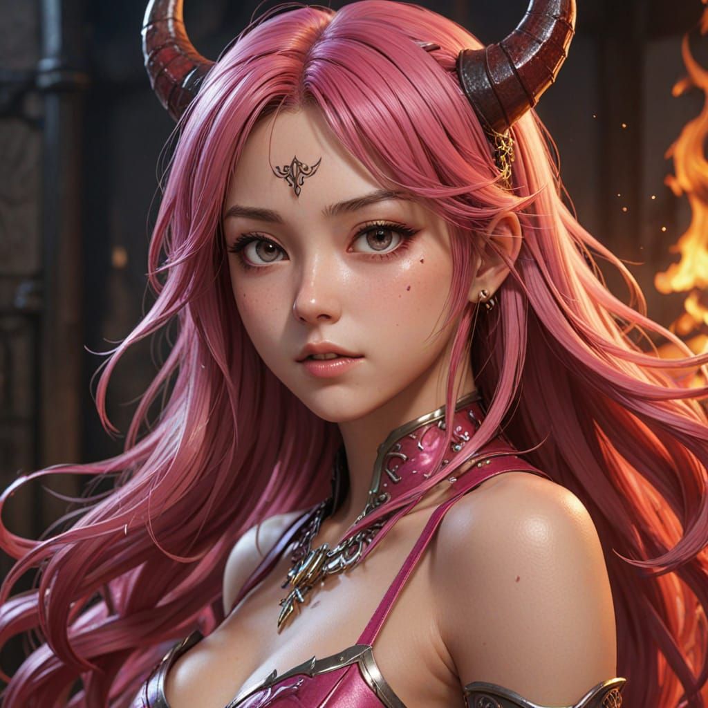 Surreal Hot Pink Demon Goddess with Long Hair in Cinematic A...