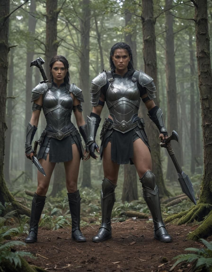Epic Warriors in Misty Forest: Hyperrealistic Concept Art