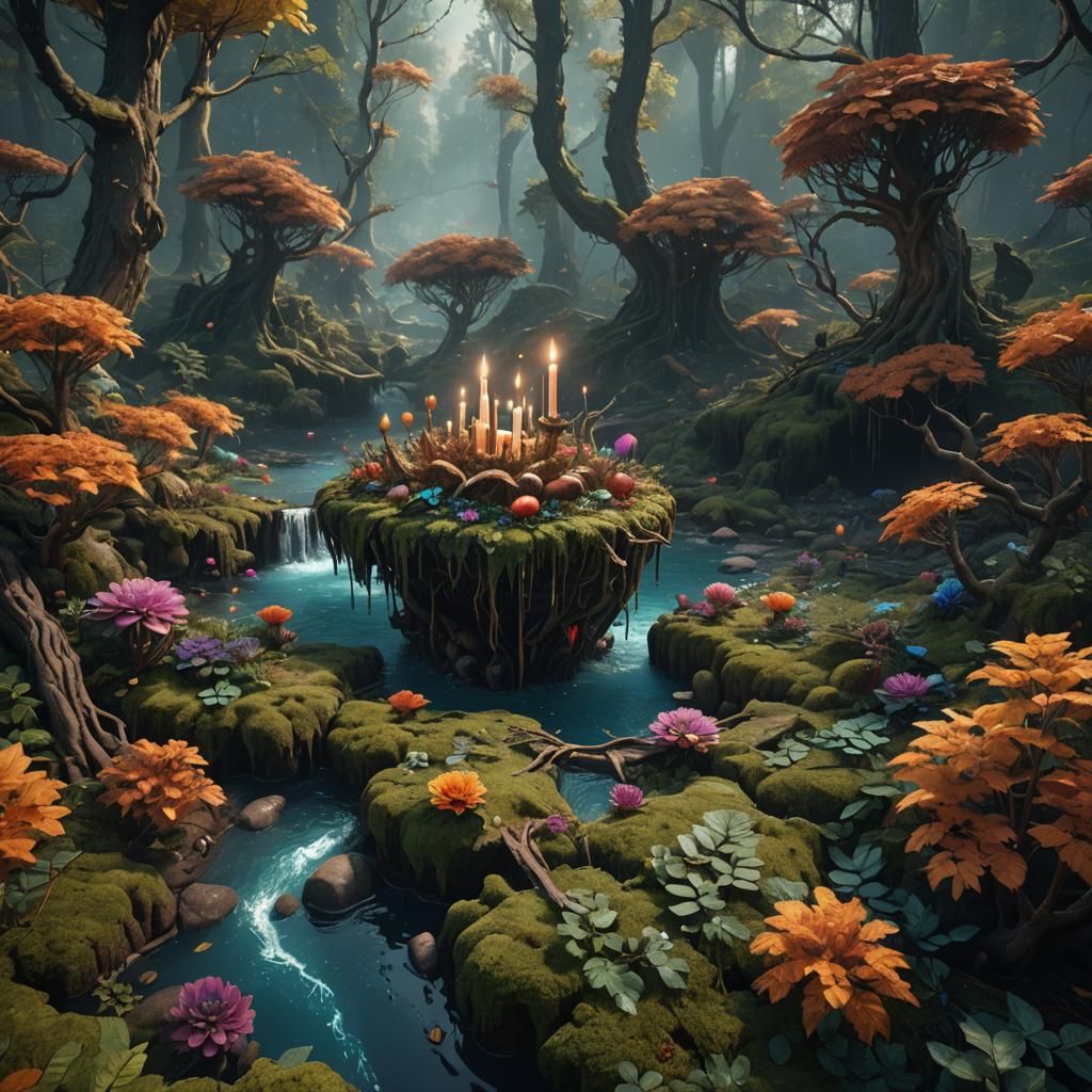 Floating Candle in Forest: Detailed Fantasy Art