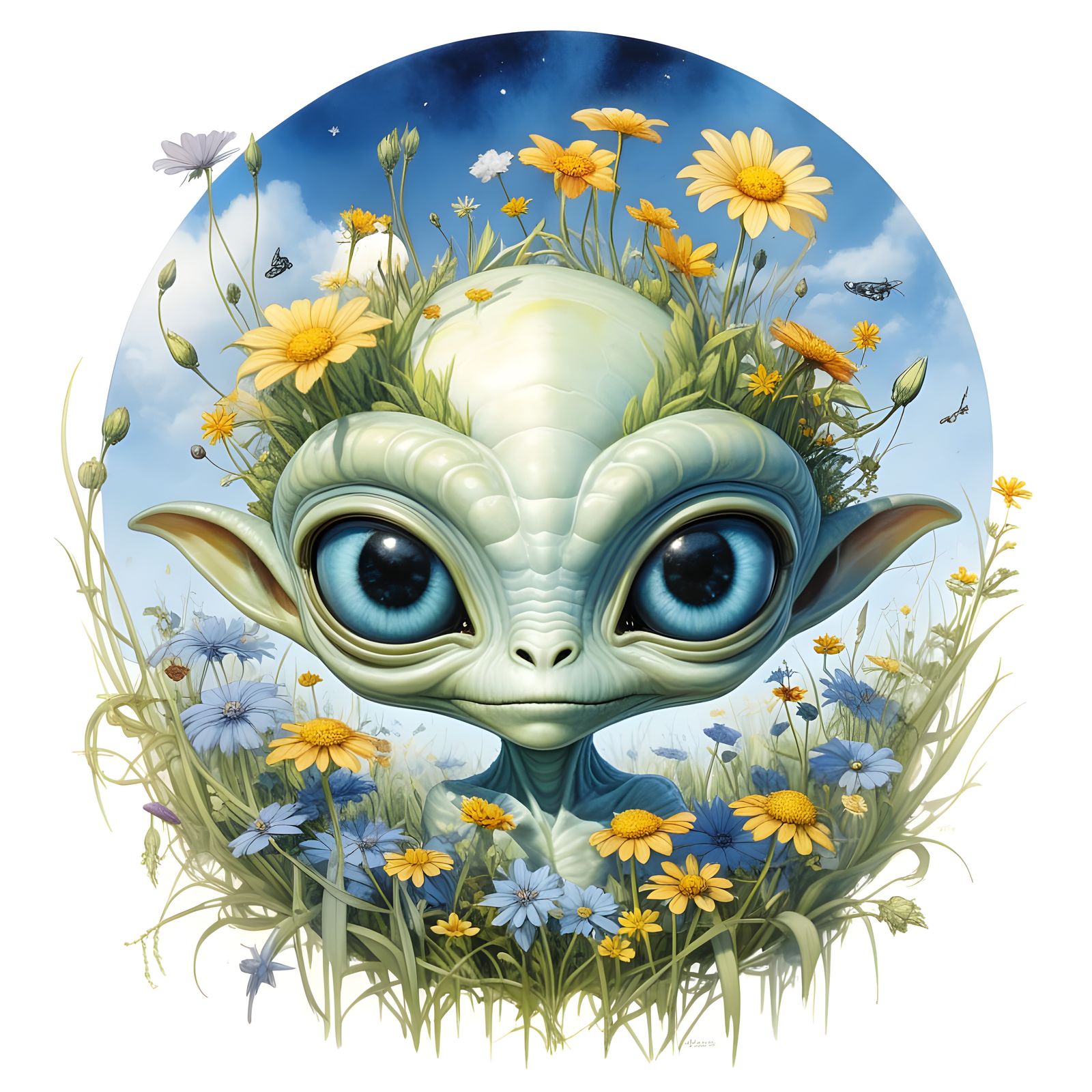 Whimsical Lightblue Alien in a Serene Meadow