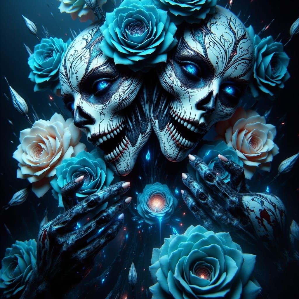 Ornate Mardi Gras Skulls with Roses, Digital Art