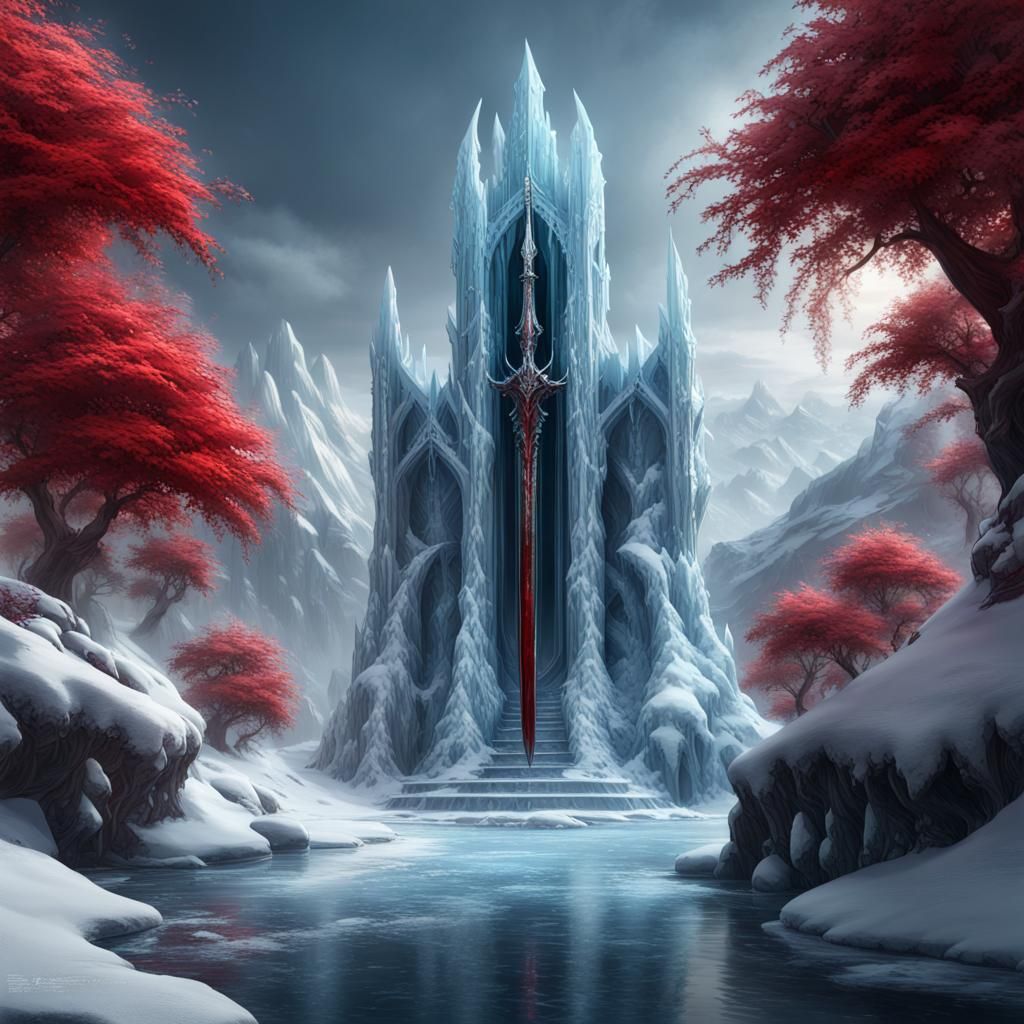 Crimson Blossom: Ice Realm Warrior in Detailed Matte Paintin...