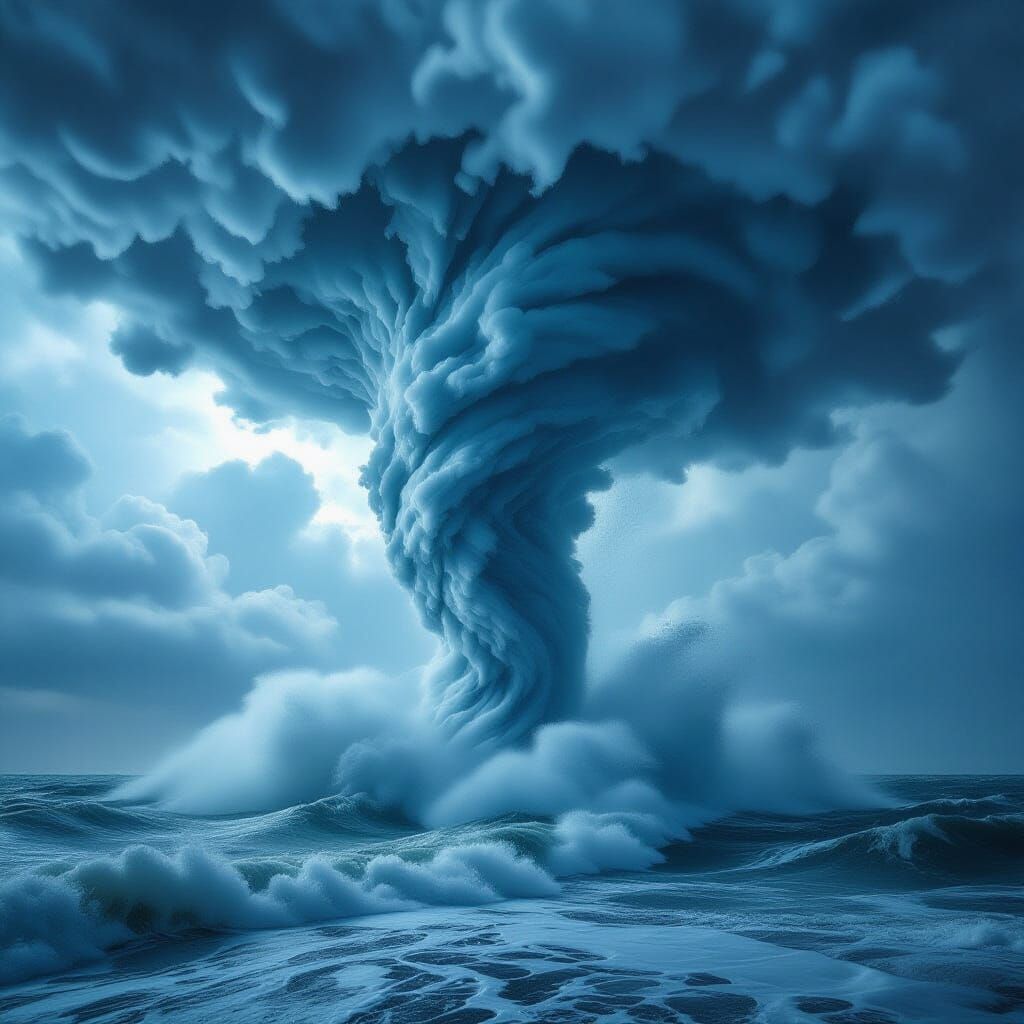 Giant Tornado Over Sea and Sky in Hyperrealistic Style