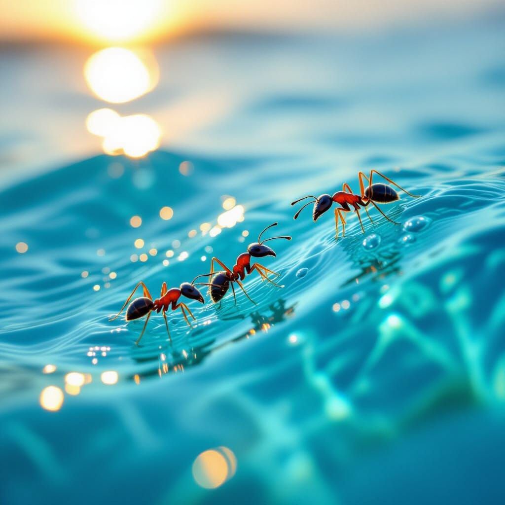 Ant Colony Surfing on Glassy Water at Golden Hour