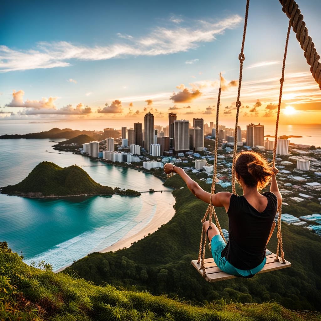 Woman on Rope Swing at Sunset Over Tropical City