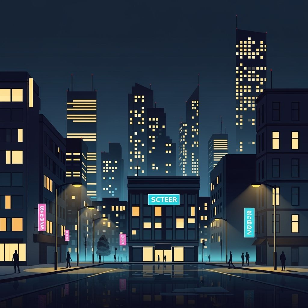 Futuristic Cityscape at Night in Vector Art Style
