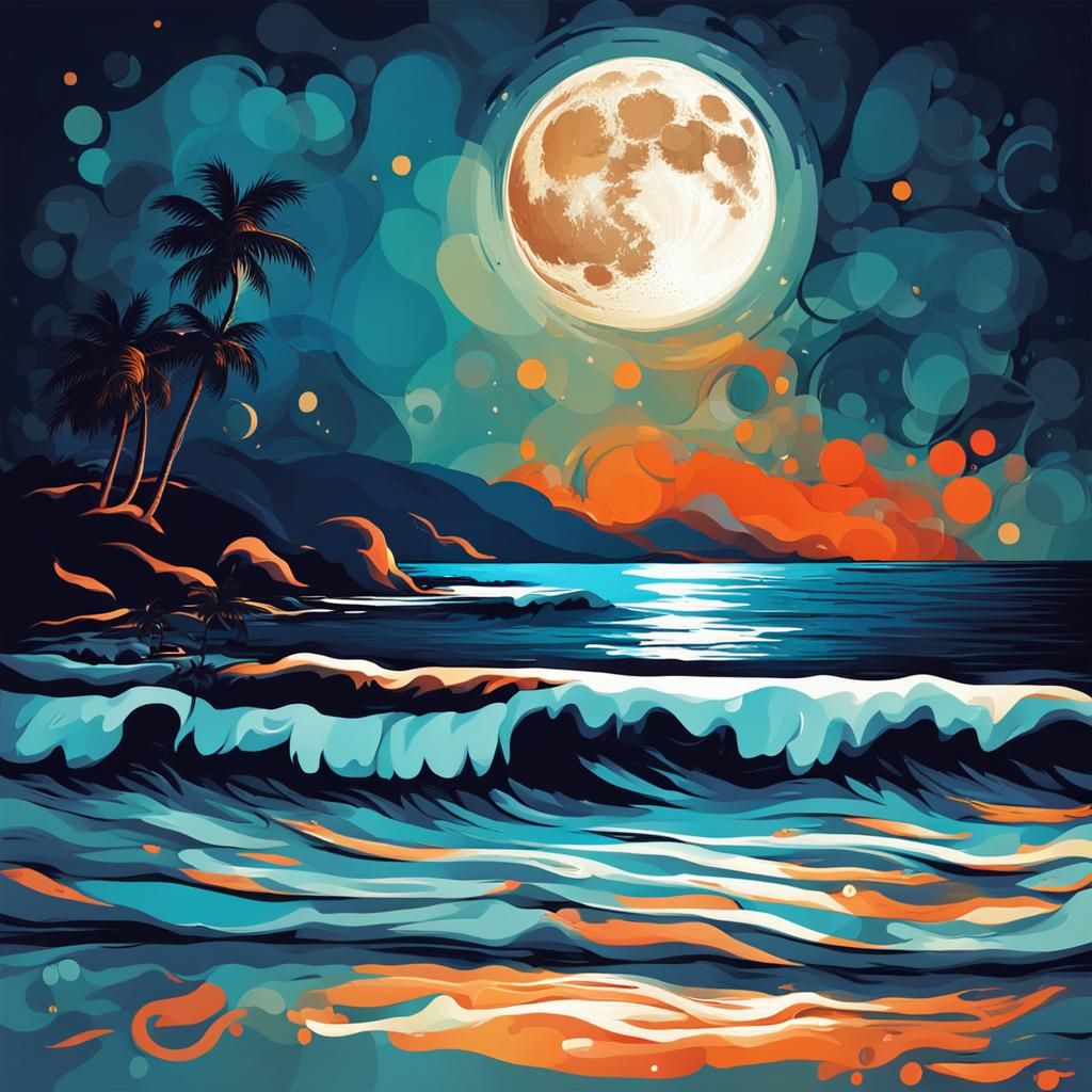 Romantic Beach at Night: Abstract Art in Complementary Color...