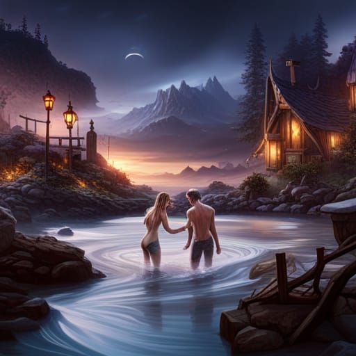 Fantastical Couple Bathing: Detailed Matte Painting
