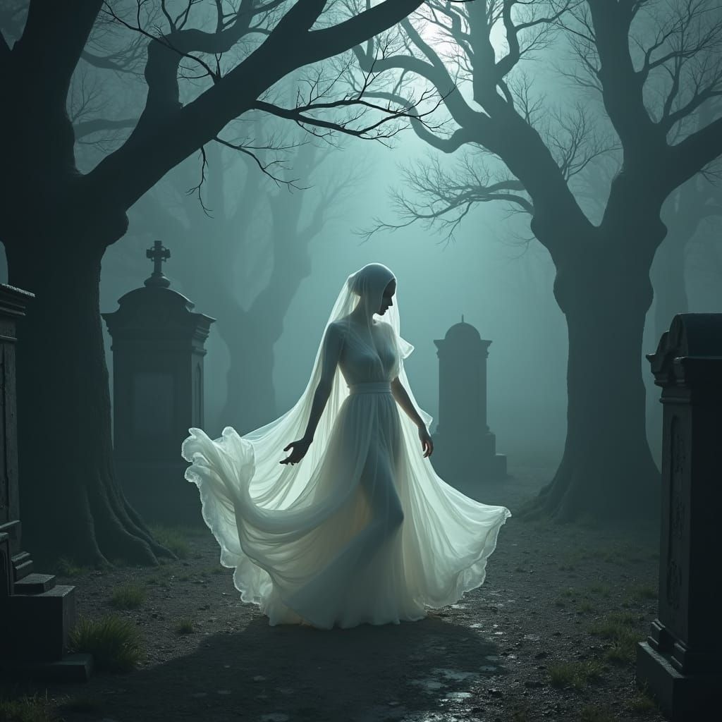 Ethereal Ghost Dancing in Graveyard, Mystical Landscape