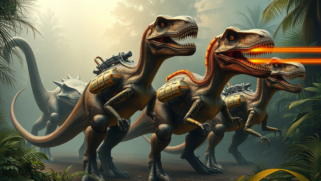 Retro-Futuristic Dinosaurs in Misty Jungle