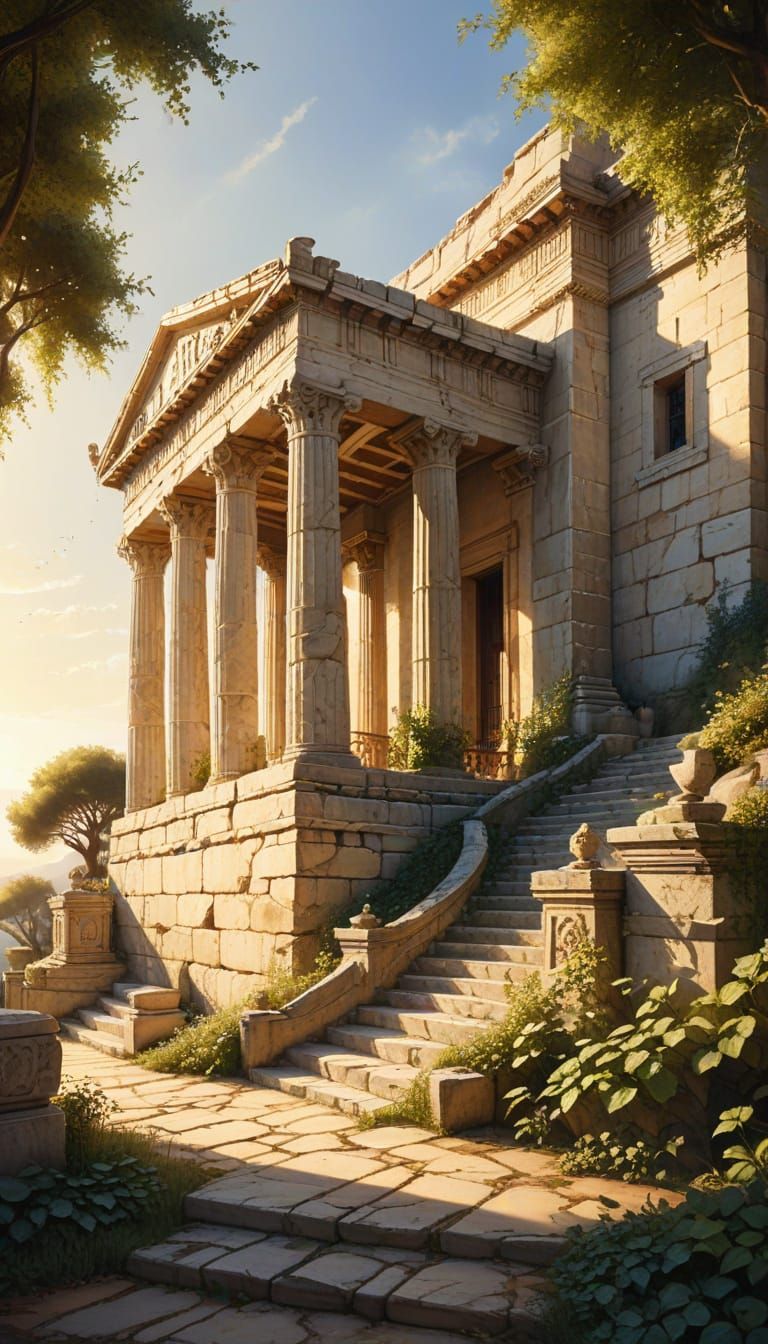 Serene Greek Temple in Watercolor Style