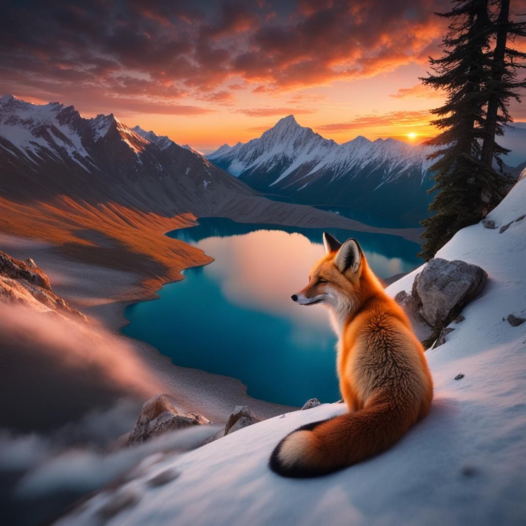 Sunset Mountain Landscape with Fox