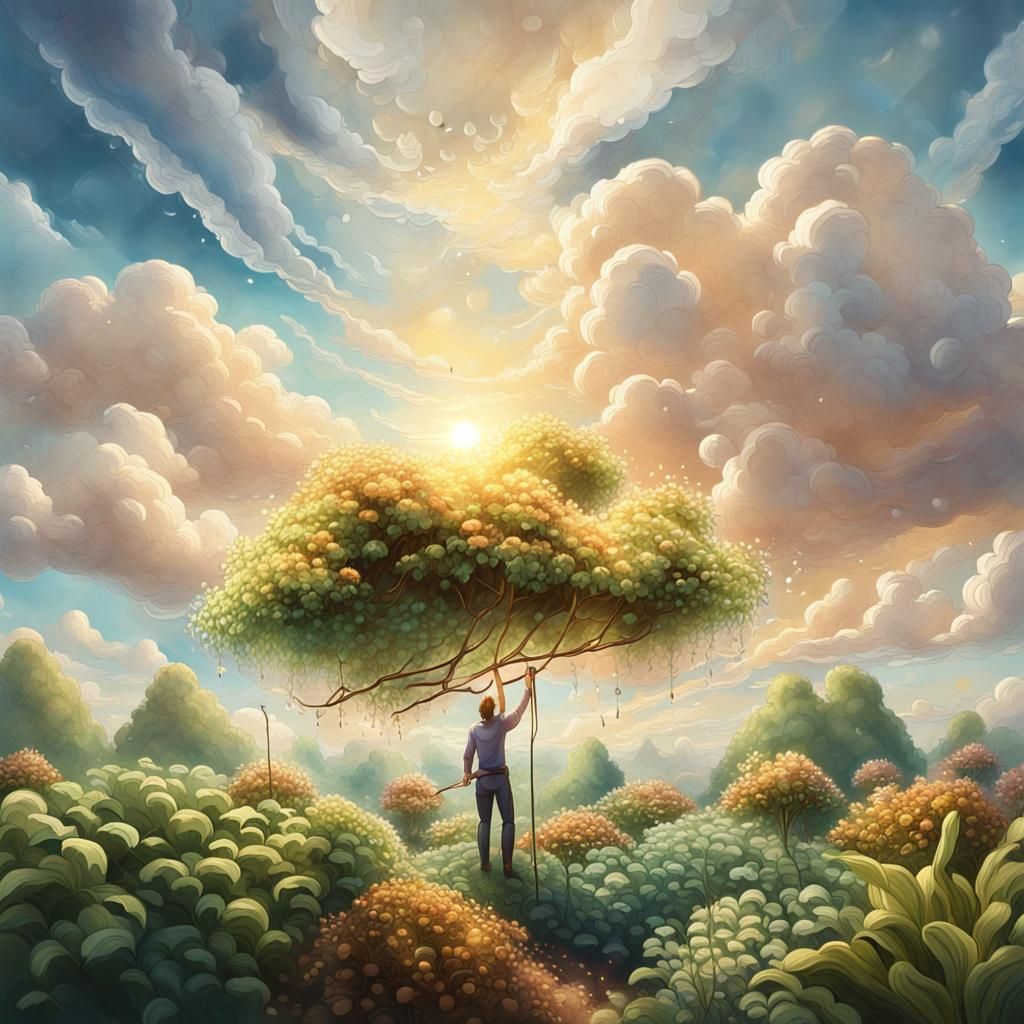Cloud Gardener Pruning Wispy Clouds in Golden Light
